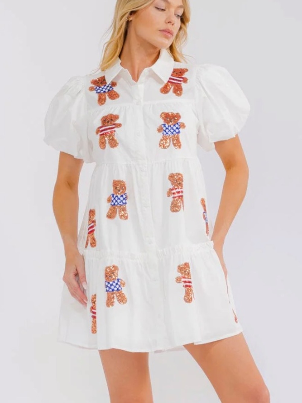 White Teddy Embroidered Puff-Sleeve Mini Dress - Picture 1 of 3